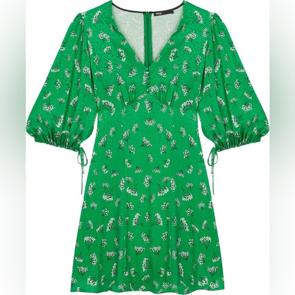 Maje Rizelle Floral Empire Waist Woven Mini Dress 34 Green - Picture 4 of 13